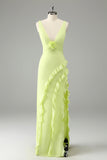 Terracotta V Neck Ruffled Flower Sheath Wedding Guest Dress with Slit