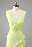 Terracotta V Neck Ruffled Flower Sheath Wedding Guest Dress with Slit