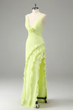 Terracotta V Neck Ruffled Flower Sheath Wedding Guest Dress with Slit