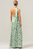 Sage White Flower Sheath V-Neck Satin Floral Bridesmaid Dress with Slit