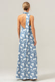 Sage White Flower Sheath V-Neck Satin Floral Bridesmaid Dress with Slit