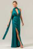 Peacock Sheath V-Neck Satin Bridesmaid Dress with Ribbon
