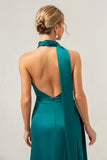 Peacock Sheath V-Neck Satin Bridesmaid Dress with Ribbon