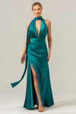 Peacock Sheath V-Neck Satin Bridesmaid Dress with Ribbon