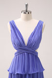 Purple V-Neck Tiered Pleated A-Line Bridesmaid Dress with Slit