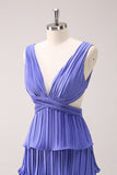 Purple V-Neck Tiered Pleated A-Line Bridesmaid Dress with Slit