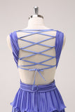 Purple V-Neck Tiered Pleated A-Line Bridesmaid Dress with Slit