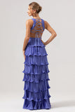 Purple Tiered Hollow Out A-Line Bridesmaid Dress with Slit