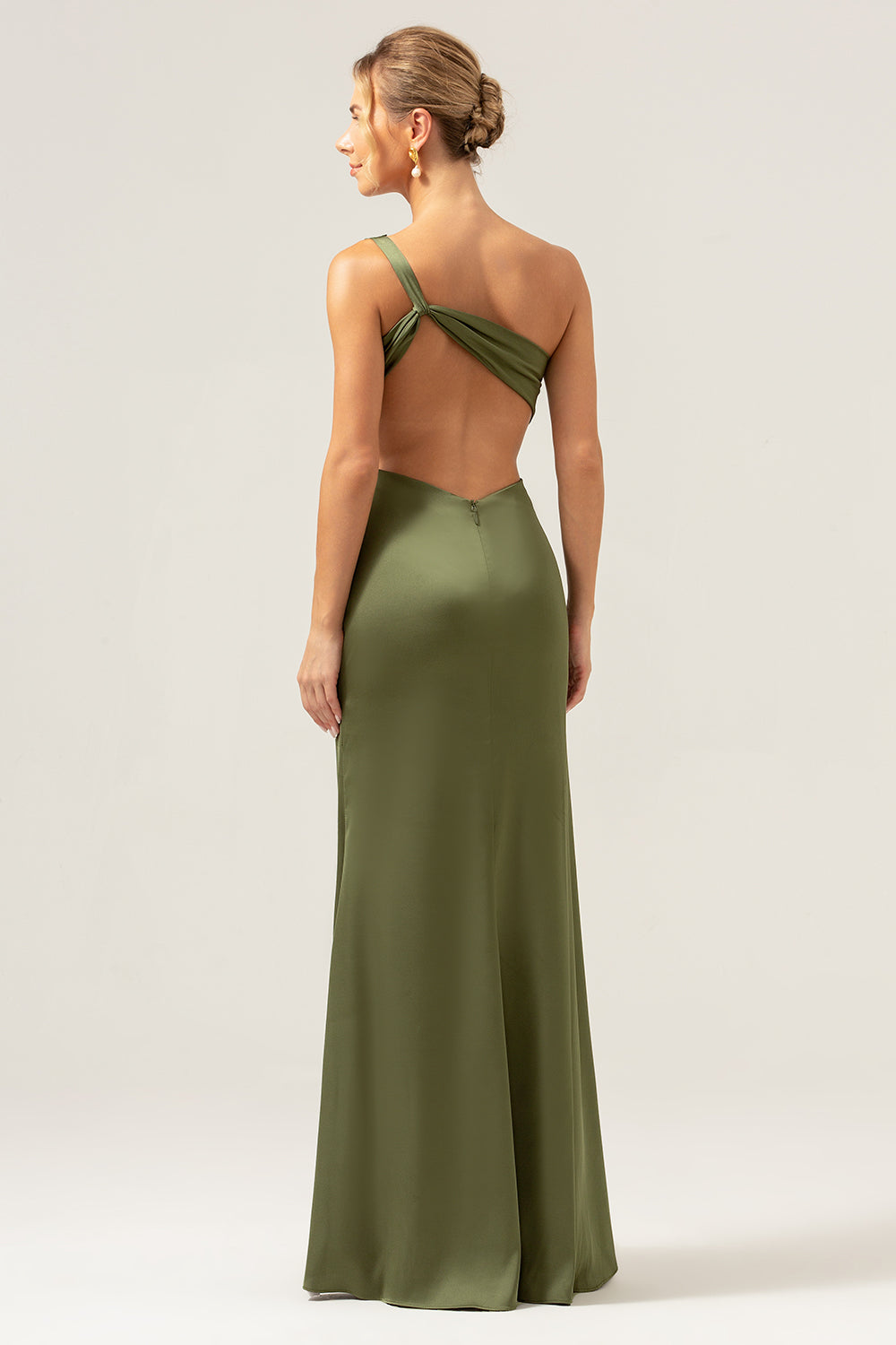 Leely Women Olive One Shoulder Mermaid Satin Long Bridesmaid Dress with Slit Wedding Party Dress leelyuk Leely Women Olive One Shoulder Mermaid Satin Long Bridesmaid Dress with Slit Wedding Party Dress leelyuk