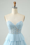 Light Blue A Line Sweetheart Tiered Short Prom Dress with Appliques