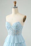 Light Blue A Line Sweetheart Tiered Short Prom Dress with Appliques