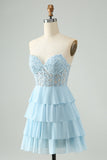 Light Blue A Line Sweetheart Tiered Short Prom Dress with Appliques
