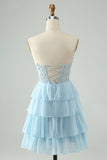 Light Blue A Line Sweetheart Tiered Short Prom Dress with Appliques