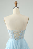 Light Blue A Line Sweetheart Tiered Short Prom Dress with Appliques