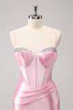 Sparkly Pink Spaghetti Straps Tight Prom Dress with Beading