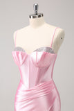 Sparkly Pink Spaghetti Straps Tight Prom Dress with Beading
