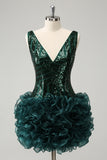 Sparkly Navy V Neck Sequins Prom Dress with Detachable Ruffles