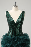 Sparkly Navy V Neck Sequins Prom Dress with Detachable Ruffles