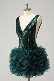 Sparkly Navy V Neck Sequins Prom Dress with Detachable Ruffles