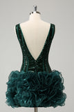 Sparkly Navy V Neck Sequins Prom Dress with Detachable Ruffles