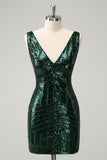 Sparkly Navy V Neck Sequins Prom Dress with Detachable Ruffles