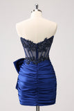 Sparkly Navy Strapless Beaded Appliques Tight Prom Dress