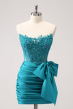 Sparkly Navy Strapless Beaded Appliques Tight Prom Dress