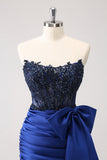 Sparkly Navy Strapless Beaded Appliques Tight Prom Dress
