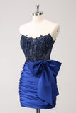 Sparkly Navy Strapless Beaded Appliques Tight Prom Dress