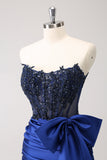 Sparkly Navy Strapless Beaded Appliques Tight Prom Dress