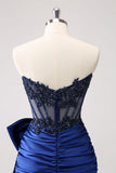 Sparkly Navy Strapless Beaded Appliques Tight Prom Dress