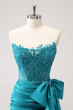 Sparkly Navy Strapless Beaded Appliques Tight Prom Dress