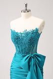 Sparkly Navy Strapless Beaded Appliques Tight Prom Dress