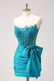 Sparkly Navy Strapless Beaded Appliques Tight Prom Dress