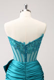Sparkly Navy Strapless Beaded Appliques Tight Prom Dress
