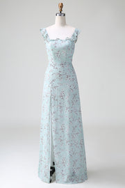 Grey Green Sleeveless Floral A Line Bridesmaid Dress with Slit