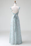 Grey Green Sleeveless Floral A Line Bridesmaid Dress with Slit