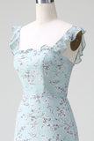 Grey Green Sleeveless Floral A Line Bridesmaid Dress with Slit