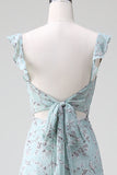 Grey Green Sleeveless Floral A Line Bridesmaid Dress with Slit