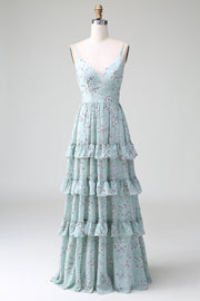 Spaghetti Straps Grey Green Ruffles Tiered Floral Long Bridesmaid Dress