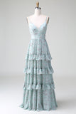 Spaghetti Straps Grey Green Ruffles Tiered Floral Long Bridesmaid Dress