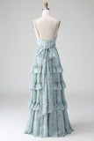 Spaghetti Straps Grey Green Ruffles Tiered Floral Long Bridesmaid Dress