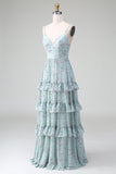 Spaghetti Straps Grey Green Ruffles Tiered Floral Long Bridesmaid Dress