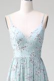 Spaghetti Straps Grey Green Ruffles Tiered Floral Long Bridesmaid Dress