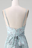 Spaghetti Straps Grey Green Ruffles Tiered Floral Long Bridesmaid Dress