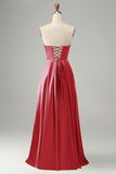 Black Strapless Cut Out Satin A Line Lace Up Long Bridesmaid Dress