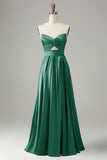 Green Satin A Line Lace Up Bridesmaid Dress with Slit