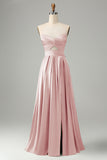 Green Satin A Line Lace Up Bridesmaid Dress with Slit