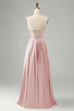 Green Satin A Line Lace Up Bridesmaid Dress with Slit