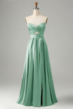 Black Strapless Cut Out Satin A Line Lace Up Long Bridesmaid Dress